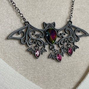 Gothic Halloween Bat Rhinestone Necklace 18" - Antique Silver